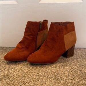 MIA Tan Ankle Booties with Stacked Heel and Suede-Leather Design